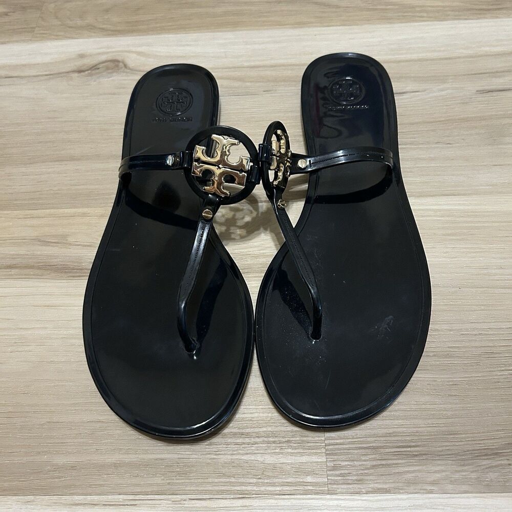 Tory Burch Miller Black Gold Logo Jelly Thong Sandals Womens 11 Double T EUC